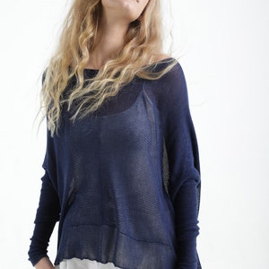 Navy Blue Loose Knit Shirt, Stylish Organic Women Knitwear, Casual Spring Top, Long Sleeves Everyday Light Sweater image 4