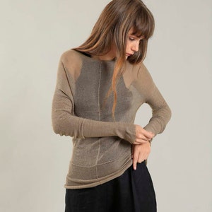 Gold Brown Sheer Knit Sweater, Casual Knitted Blouse, Boho Long Sleeve Dressy Knit Top, Organic Bamboo Women Knitwear
