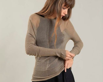 Gold Brown Sheer Knit Sweater, Casual Knitted Blouse, Boho Long Sleeve Dressy Knit Top, Organic Bamboo Women Knitwear