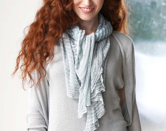 Aqua & cream tan Striped Knit Scarf, Luxury Soft Scarf For Women, Cozy Knit Bamboo Scarves, Everyday Scarf Wrap, Delicate Boho Scarf