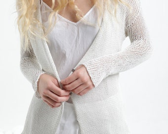 White Flowing Spring Cardigan, Wedding Cardigan Shrug, Handmade Organic Knitwear, Elegant Buttons Cardigan For Women