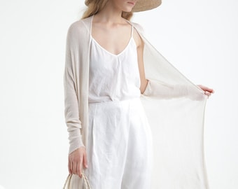White Long-line Hand Knit Cardigan, Long Sleeve Light Cardigan, Organic Urban Clothing, Elegant Luxury Cardigan