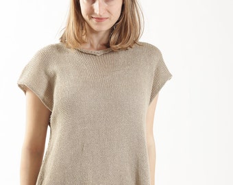 Taupe Gray Soft Knitted Shirt, Chunky Summer Knit, Woman Cotton Sweater, Short Sleeve Knit Top