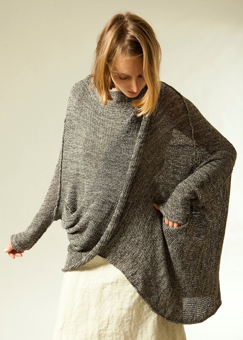 Chunky Gray Sweater, Hand Knitted Cardigan, Women Casual Oversize Sweaters with pockets image 3