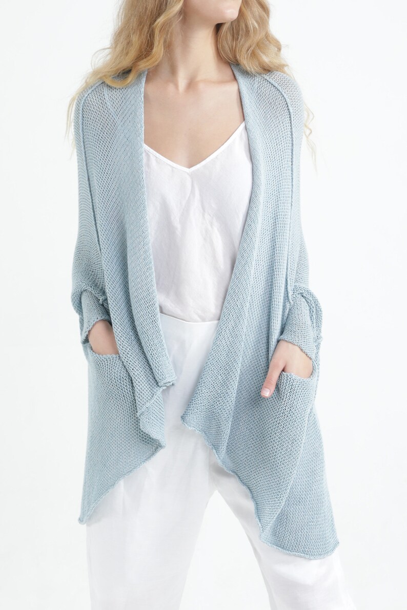 Light Blue Hand Knit Wrap Cardigan, Soft Summer Spring Knit Cardigan Jacket, Women Casual Hippie Baby Blue Cardigan with Buttons & Pockets image 4