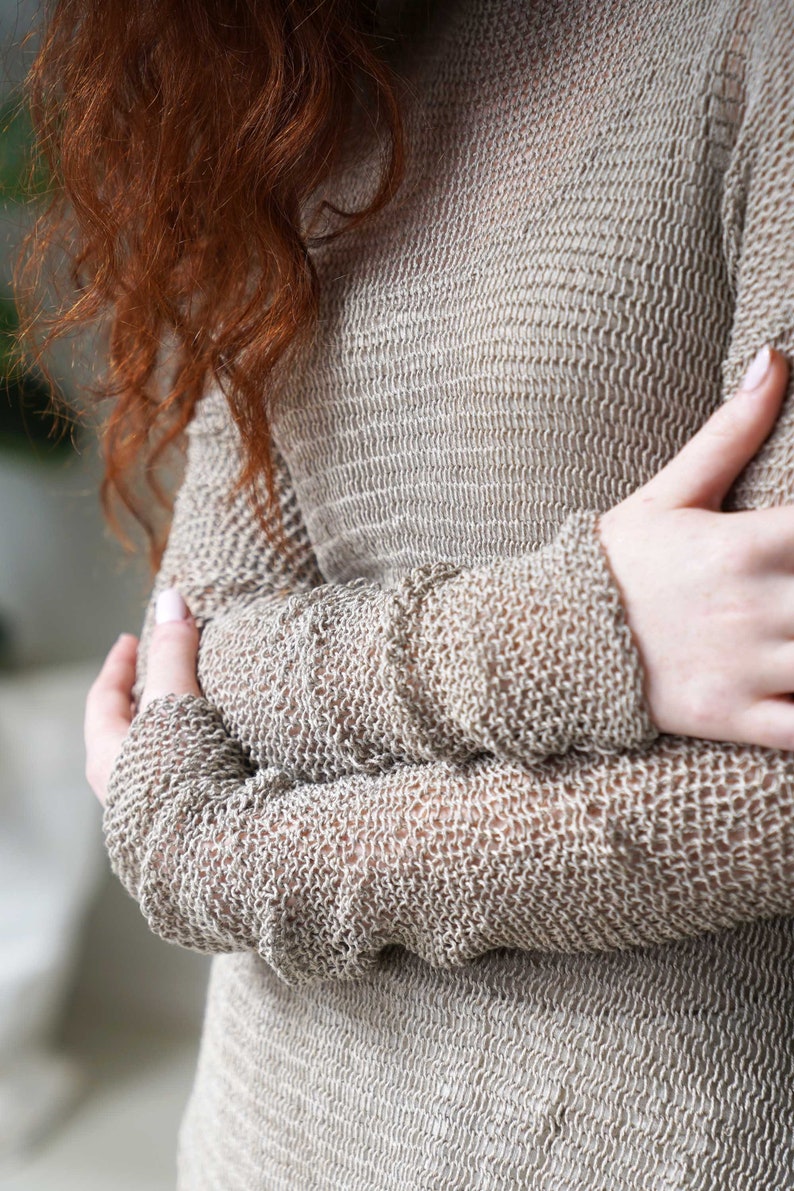 Tunic Knit Sweater, Crochet Sweater, Loose knit Sweater, Bohemian Lounge wear Taupe, Vegan gift, gift for her, wife gift, girlfriend gift image 2