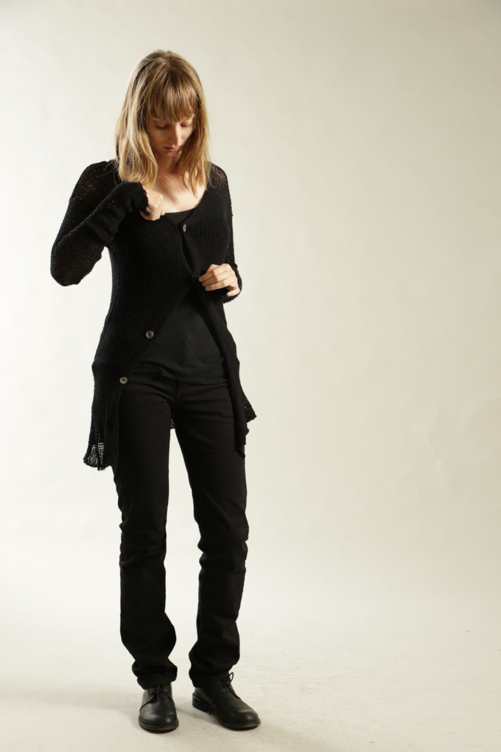 Light Sheer Black Cardigan, Trendy Hand Knit Soft Evening Light Sheer Black Cardigan, Trendy Hand Knit Soft Evening