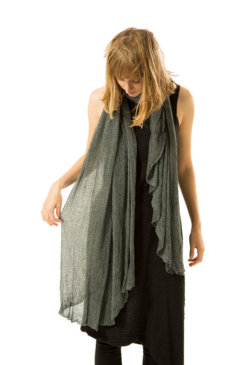 Big Soy Scarf, Women Knit Gray Scarf, Big Gray Sheer Shawl, Melange Gray Chunky Scarf image 3