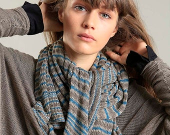 Casual Striped Knit Scarf, Teal and Dark Taupe Neck Scarf, Soft Cozy Cotton Scarf, Designer Luxury Travel Scarf, Hand Knit Sustainable Scarf