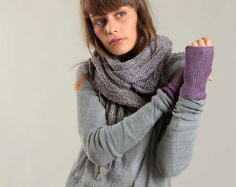Ombre Chunky Grey-Purple Scarf, Vegan Cotton, Silk and Cashmere scarf, Long Beautiful scarf, hooded Knit scarf, unique gift for mom
