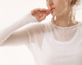 Sheer White Soft Organic Sweater, Stylish Long Sleeve Blouse, Women lightweight Luxury Hand Knit Shirt