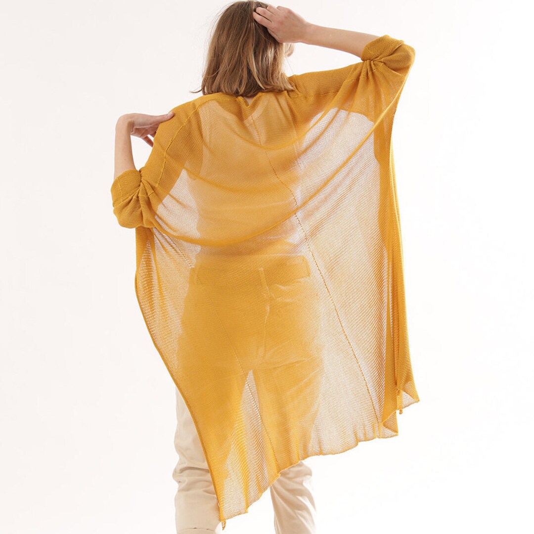 Sheer Long Cardigans for Women, Yellow Curry Knitted Cardigan, Open
