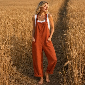 Salopette in lino stile boho da donna, modello a gamba larga, taglie forti dalla S alla 5XL, salopette estiva senza maniche dalla vestibilità ampia con tasche.