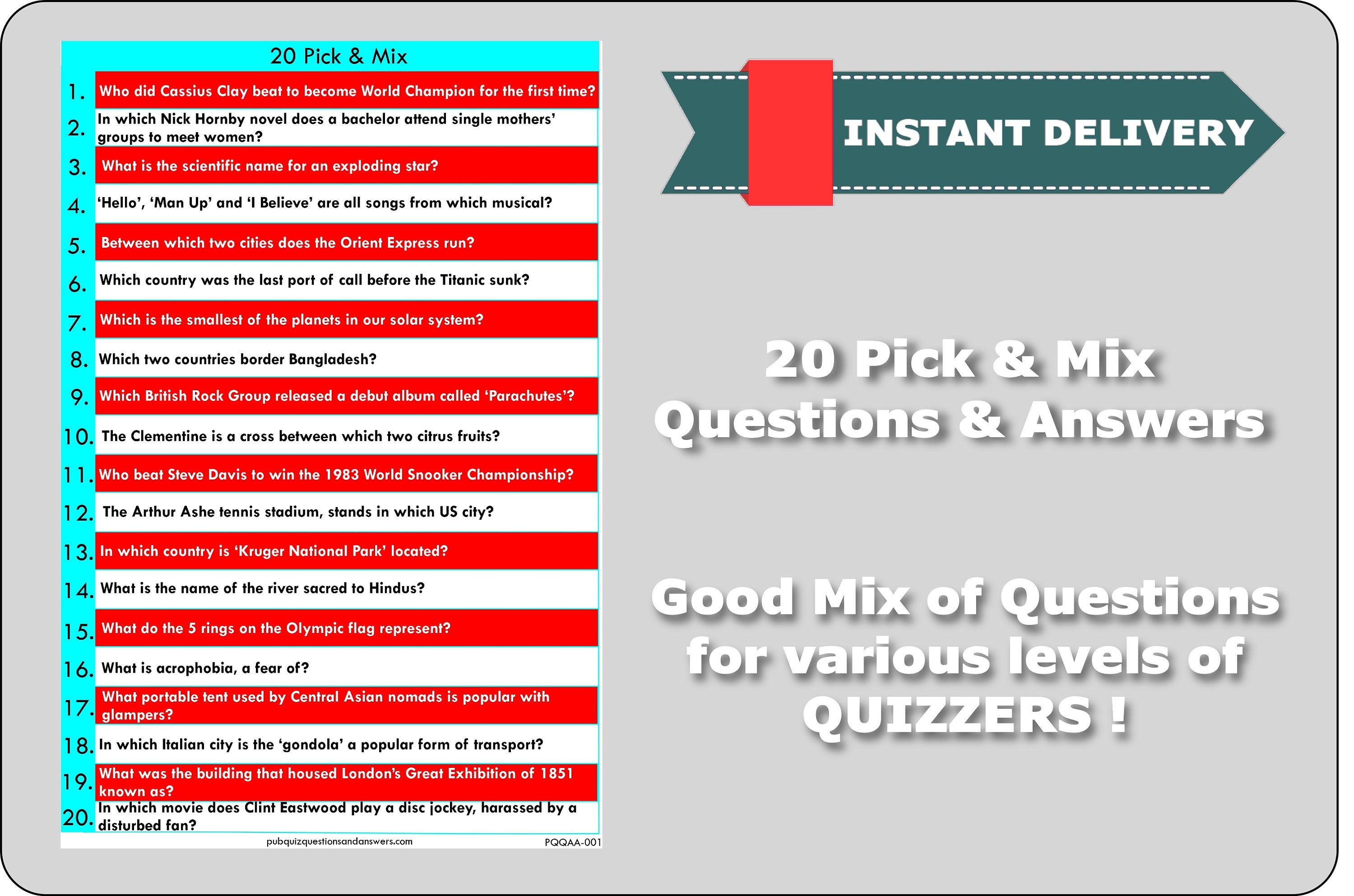 Pub Quiz Questions And Answers Quiz 1 Pick Mix General Etsy