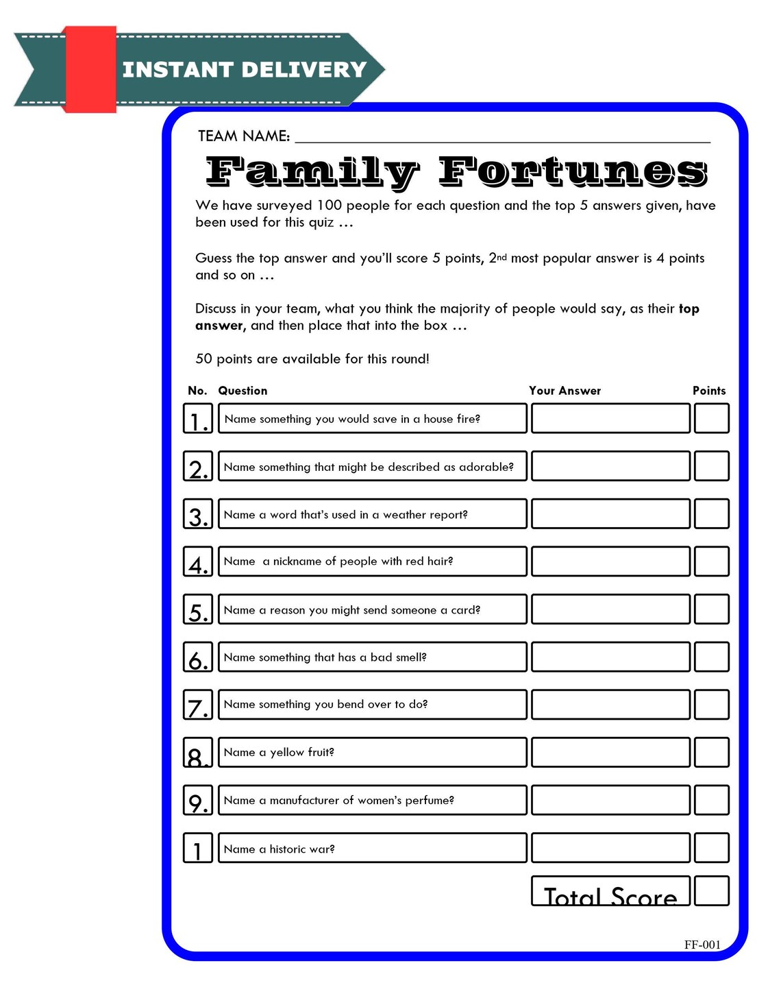 Family Fortunes / Family Feud Quiz Games 1-21 10 Quiz | Etsy