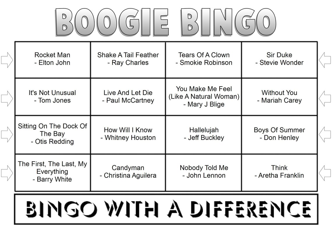 Boogie Bingo Music Bingo Game 16 Legends 50 Tickets Etsy