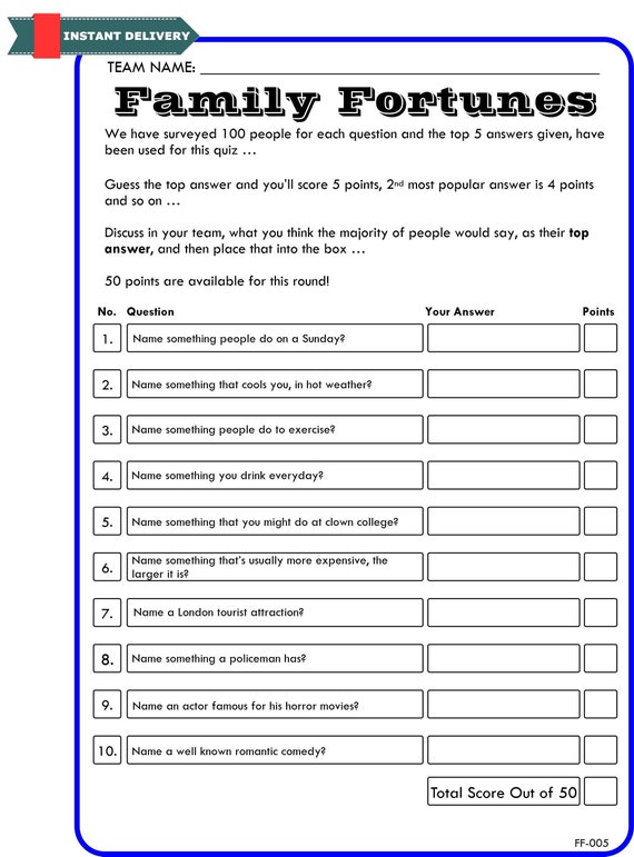 Game 5 Family Fortunes Family Feud 10 Quiz Family Etsy