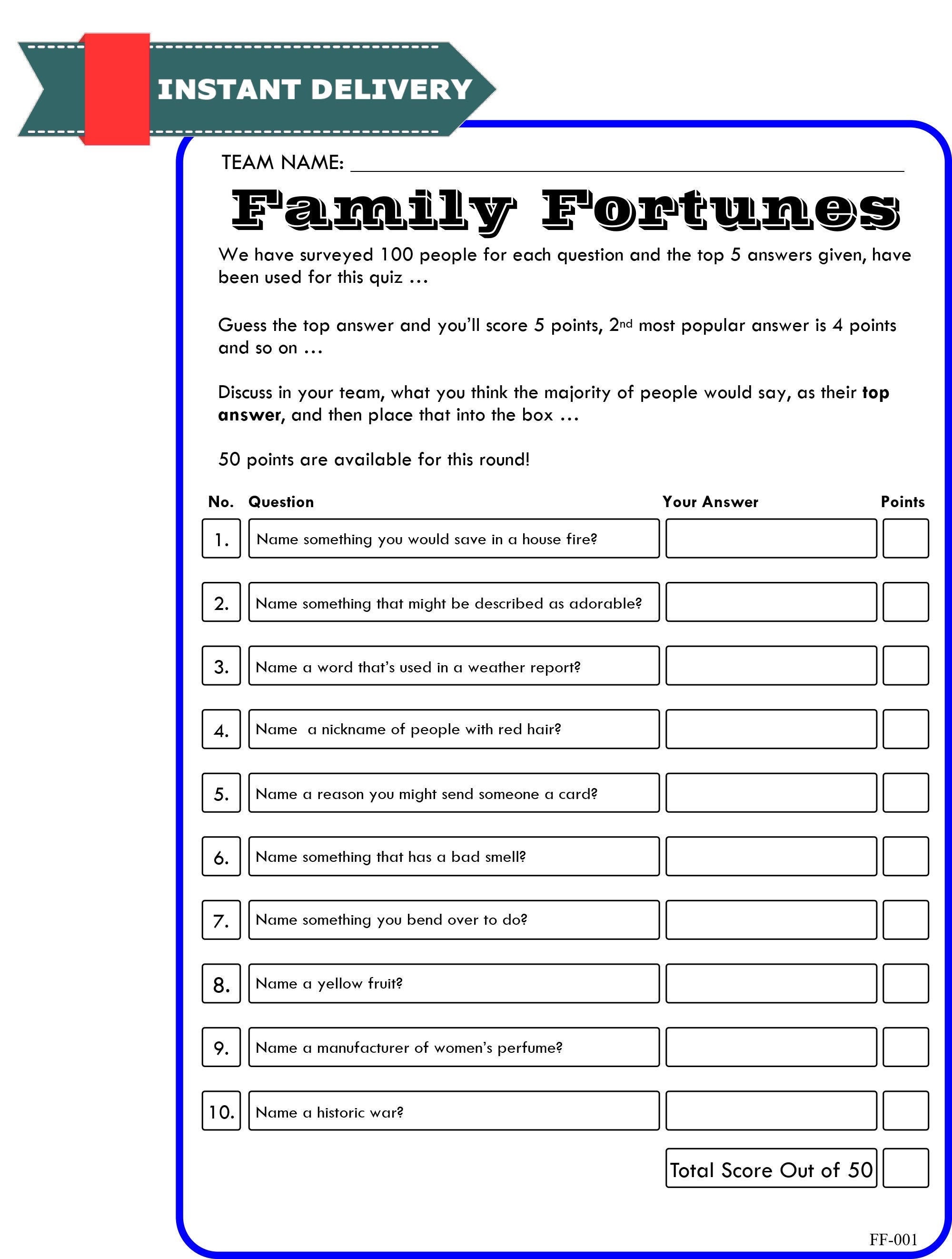 Game 1 Family Fortunes / Family Feud 10 Quiz Family Etsy