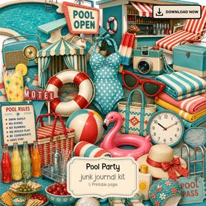 May include: A digital collage featuring pool party elements including a blue polka dot swimsuit, a pink flamingo float, a red and white striped beach towel, a vintage camera, a straw hat, a clock, a picnic basket, and a sign reading Pool Party.