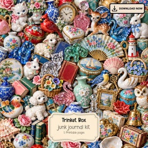 Puede incluir: Una colección de objetos decorativos en miniatura que incluye figuras de animales de porcelana, esculturas de vidrio, cajas de baratijas florales, un abanico, un faro y una etiqueta central con el texto Trinket Box junk journal kit 5 Printable pages.