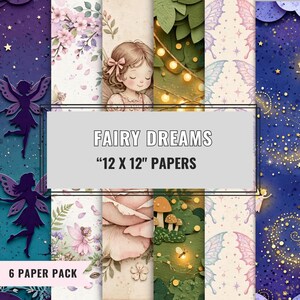 Może przedstawiać: Cyfrowy zestaw papierów Fairy Dreams 30,5 x 30,5 cm zawierający sześć pionowych paneli z ilustracjami wróżek, różowych kwiatów, grzybów, lampek i rozgwieżdżonego nieba w odcieniach fioletu, zieleni i kremu.