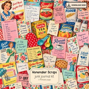Vintage-Haushaltswaren, Küchen-Junk-Journal-Set aus den 1950er Jahren, Retro-Rezeptkarten und Collage-Seiten für Lebensmittel