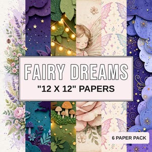 Può includere: Un set di sei carte digitali da 30,5 x 30,5 cm intitolato FAIRY DREAMS, con pannelli verticali che mostrano illustrazioni di lavanda, cieli notturni stellati, fogliame verde con luci, un volto di fata, ali di farfalla e nuvole.