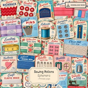 May include: A collection of vintage-style sewing notion cards featuring various supplies including red rickrack, buttons, needles, ribbon, seam binding, pins, thread, snaps, zippers, measuring tape, bias tape, hooks, lace trim, and thimbles.