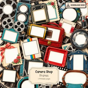 Op de afbeelding: Een verzameling digitale fotolijsten met vintage camera-ontwerpen, filmrollen en camera-onderdelen. De lijsten bevatten verschillende vormen en kleuren met decoratieve elementen zoals rode strikken, bloemen en filmstrips. De tekst luidt DOWNLOAD NOW.
