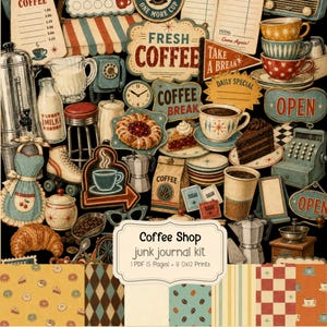 Op de afbeelding: Een verzameling vintage-stijl papier-ephemera met een koffiethema, voorzien van illustraties van koffiekopjes, gebak, een melkfles, een kassa en borden met tekst zoals Fresh Coffee, Coffee Break en Coffee Shop junk journal kit.