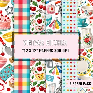 Può includere: Un pacchetto di carta digitale con sei motivi a tema cucina vintage, tra cui ciliegie, tazze da tè floreali, ciotole, misurini e forme geometriche colorate. Il testo centrale recita VINTAGE KITCHEN 12 X 12 PAPERS 300 DPI.