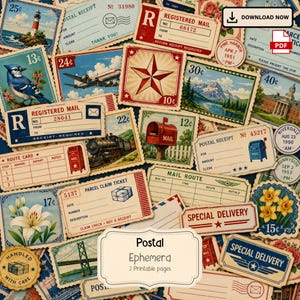 May include: A collection of vintage-style postal ephemera featuring various stamps, labels, and receipts. Designs include a lighthouse, a blue jay, a red star, a steam train, a mailbox, a bridge, and floral motifs with text like Registered Mail.
