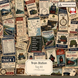 May include: A collection of vintage-style train station tags featuring various railway graphics, including steam engines, baggage carts, clocks, lanterns, and train schedules with text such as Northridge Railway, Silverpeak Railway, and Valleyridge.