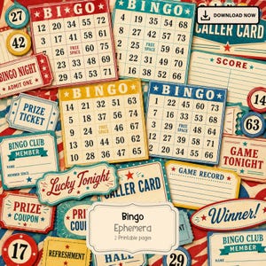 May include: A collection of vintage-style bingo ephemera featuring game cards, score sheets, prize tickets, and member badges in red, blue, and cream. The set includes text such as BINGO, Lucky Tonight, Winner, and Bingo Ephemera 2 Printable pages.
