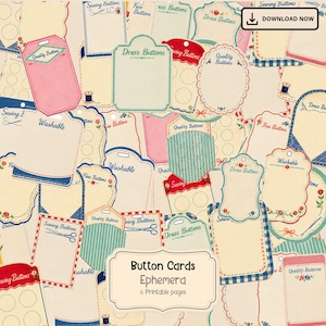Peut inclure: Une collection de cartes à boutons imprimables présentant diverses formes, des bords festonnés et des bordures décoratives en rouge, bleu et crème. Les cartes incluent du texte comme Quality Buttons, Dress Buttons et Washable, avec des illustrations de ciseaux et de fil.