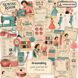 May include: A collection of vintage-style sewing room ephemera including a teal sewing machine, a dress form, spools of thread, buttons, measuring tape, scissors, a tomato pincushion, sewing patterns, and various printed order forms and labels.