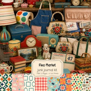 May include: A collection of vintage-style items including a blue denim apron, floral embroidered handbags, a red arched clock, a retro radio, a poodle figurine, a landscape painting, books, and a sign reading Flea Market junk journal kit.