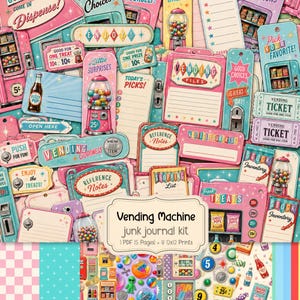 Könnte beinhalten: Ein digitales Junk-Journal-Set mit einer Collage aus Retro-Verkaufsautomaten, Kaugummiautomaten, Limonadenflaschen und Eintrittskarten in Pink, Türkis und Creme. Der zentrale Text lautet Vending Machine junk journal kit 1 PDF 5 Pages 8 12x12 Prints.
