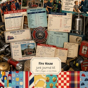 May include: A collection of vintage-style fire station ephemera including duty rosters, equipment checklists, inspection forms, memory cards, and firehouse records. The set features a metal fire station badge, a fire extinguisher, and patterned papers.