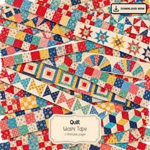 May include: A collection of digital washi tape strips featuring various quilt patterns in red, blue, yellow, and green. The designs include stars, pinwheels, and geometric blocks. A central label reads Quilt Washi Tape 3 Printable pages.