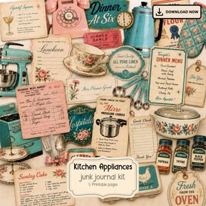 Könnte beinhalten: Eine Sammlung von Papier-Ephemera im Vintage-Küchenstil, darunter Rezeptkarten, ein rosa Telefon, ein türkisfarbener Mixer, eine geblümte Teetasse, eine Schnellkochtopf-Illustration, Gewürzgläser und Menükarten mit Text wie Dinner At Six.