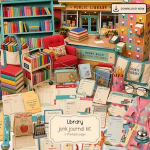 Könnte beinhalten: Ein Bibliotheks-Journal-Set mit bedruckbaren Seiten, einem roten Sessel, einem türkisfarbenen Bücherregal, einem Karteikartenschrank, einem alten Radio, einer Stofftasche, einem Schreibtisch mit dem Schild Books Build Better Citizens und Schreibwaren.