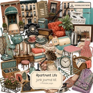 May include: A digital junk journal kit titled Apartment Life featuring vintage household items including a rotary phone, a red armchair, a vanity, a vacuum, kitchen appliances, a wicker basket, a floral robe, and various home decor elements.