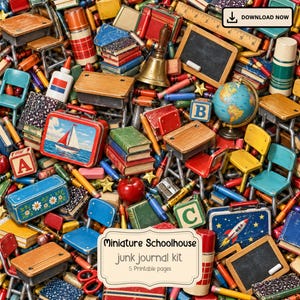 Könnte beinhalten: Eine Sammlung von Miniatur-Schulbedarf, darunter kleine Holzschreibtische, Stühle, Bücher, ein Globus, eine Messingglocke, ein roter Apfel, Buntstifte und Brotdosen mit Segelboot- und Raketenmotiven. Ein Etikett zeigt Miniature Schoolhouse junk journal kit.