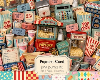 Popcorn Stand Ephemera, Retro Concession Junk Journal Kit, Movie Theater Fussy Cuts, Carnival Scrapbook Paper