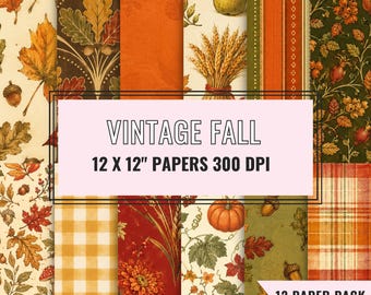 May include: A collection of digital papers featuring autumn themes including oak leaves, acorns, wheat, pumpkins, and plaid patterns in orange, yellow, red, and green. The text reads VINTAGE FALL 12 X 12 PAPERS 300 DPI and 12 PAPER PACK.