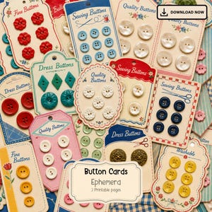Puede incluir: Una colección de tarjetas de botones de estilo vintage con varias formas, tamaños y colores, incluidos rojo, azul, blanco, amarillo y dorado. Cada tarjeta muestra texto como Fine Buttons, Sewing Buttons, Dress Buttons y Quality Buttons.