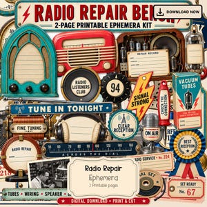 Può includere: Un kit di effimeri stampabile digitale con grafiche di riparazione radio vintage. Gli elementi includono una radio color ottanio, una radio rossa, valvole termoioniche, cuffie, un microfono, segnali di ricezione e schede di riparazione.