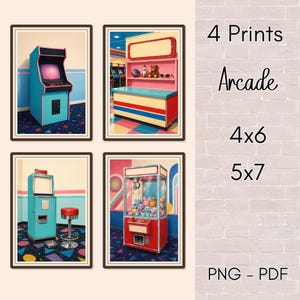 Op de afbeelding: Vier digitale prints met arcade-thema's: een blauwe arcadekast, een prijzentoonbank met speelgoed, een blauwe kiosk met een rode kruk en een rode grijpmachine vol knuffels. De tekst luidt 4 Prints, Arcade, 4x6, 5x7, PNG - PDF.