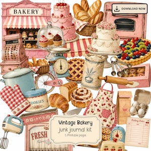 Pode incluir: Um kit de junk journal com ilustrações de padaria vintage, incluindo um forno rosa, caixa registradora, bolos, doces, uma bicicleta com cesta, saco de farinha, rolo de massa, colheres medidoras e um avental com estampa de cerejas.